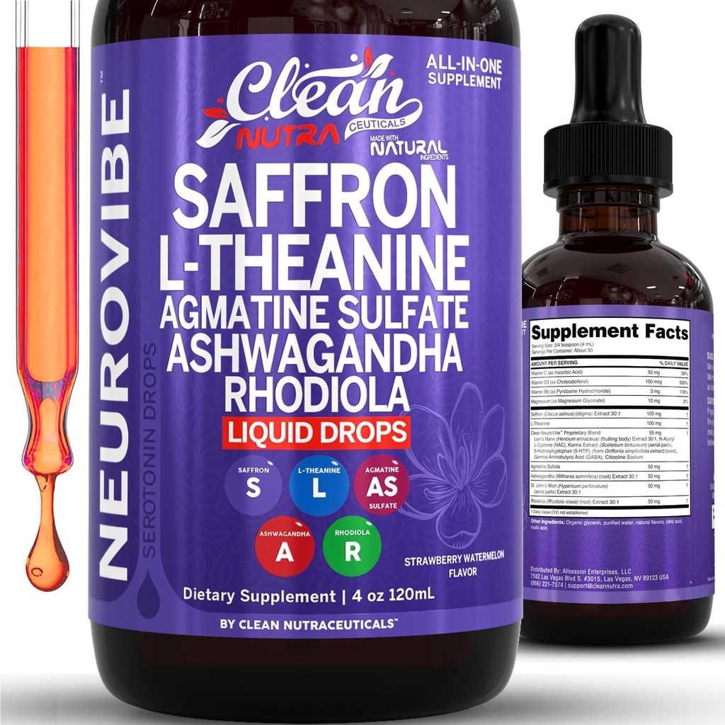 Saffron Supplements Liquid Drops L-Theanine Agmatine Sulfate Ashwagandha Magnesium Glycinate B6 Magnesium Stress Relief Mood Support 5-HTP GABA Supplement Vitamin D 4oz by Clean Nutra