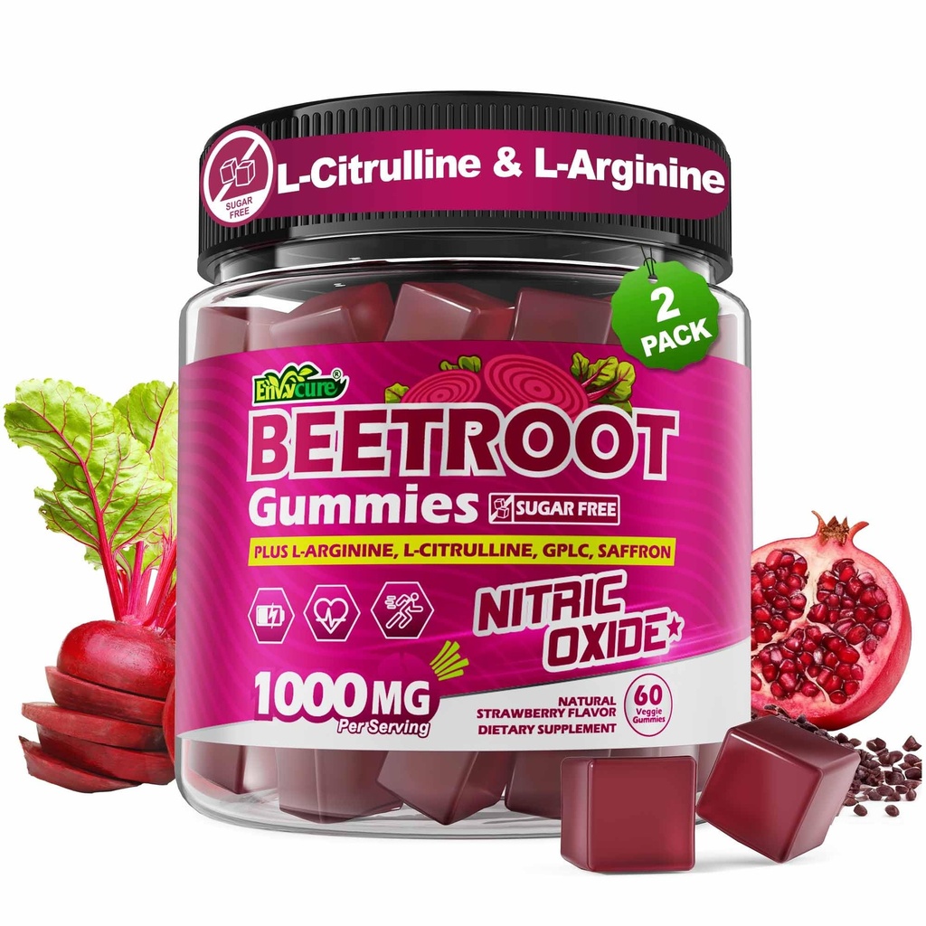 Organic Beet Root Gummies with L-Citrulline & L-Arginine, Nitric Oxide Supplements for Men and Women, Grape Seed, Pomegranate, Saffron for Circulation, Vâsculâr & Vitality, Vegan, Sugar Free, 120 Cts