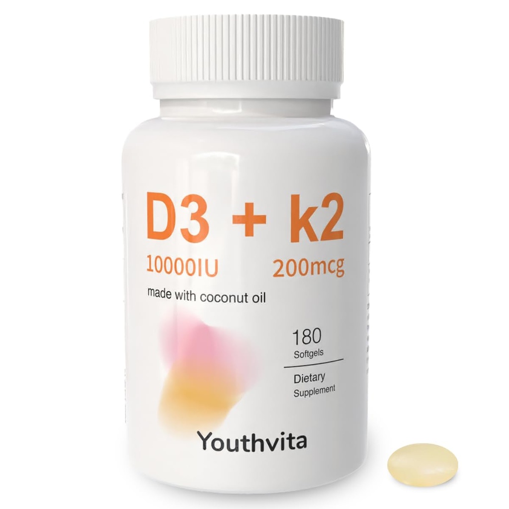 d3 k2 Vitamin 10000 iu, 180 Coconut Oil Softgels | 2 in 1 Vitamins Supplement D3 10000 IU & K2 (MK7) 200 mcg, Easy to Swallow, Supports Calcium Absorption, Bone Immune, & Heart Health