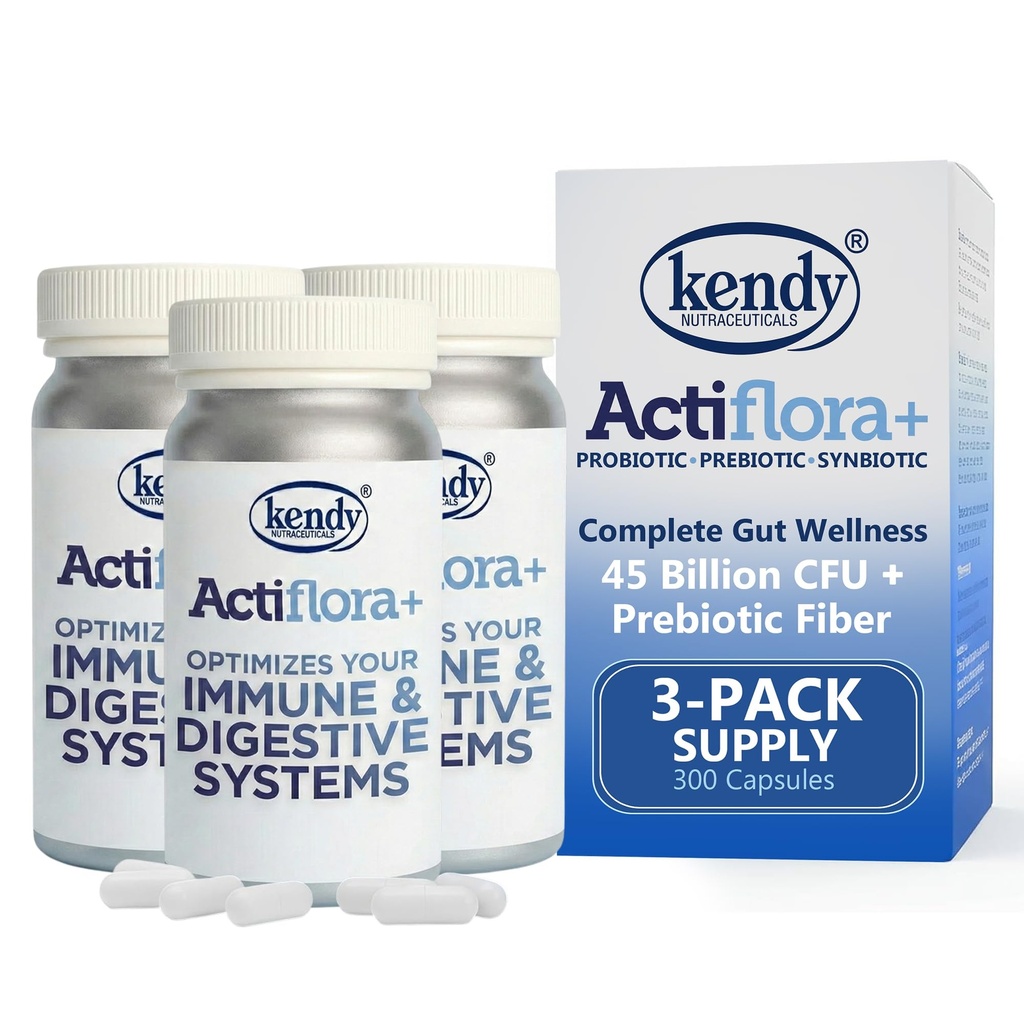 Kendy Actiflora Probiotic + Prebiotic & Synbiotic Capsules – Advanced Formula w/L. bulgaricus for Digestive Health & Gut Balance – 45 Billion CFU Daily Supplement - 300 Capsules (3 Packs)