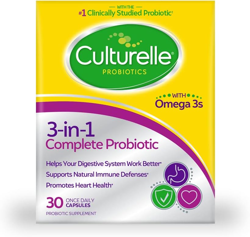Culturelle 3in-1 Probiotic Daily Formula, Once Per Day Probiotic Supplement, Helps Your Digestive System Work Better, Supports Natural Immune Defenses, Plus אומגה 3's, Non-GMO, Count