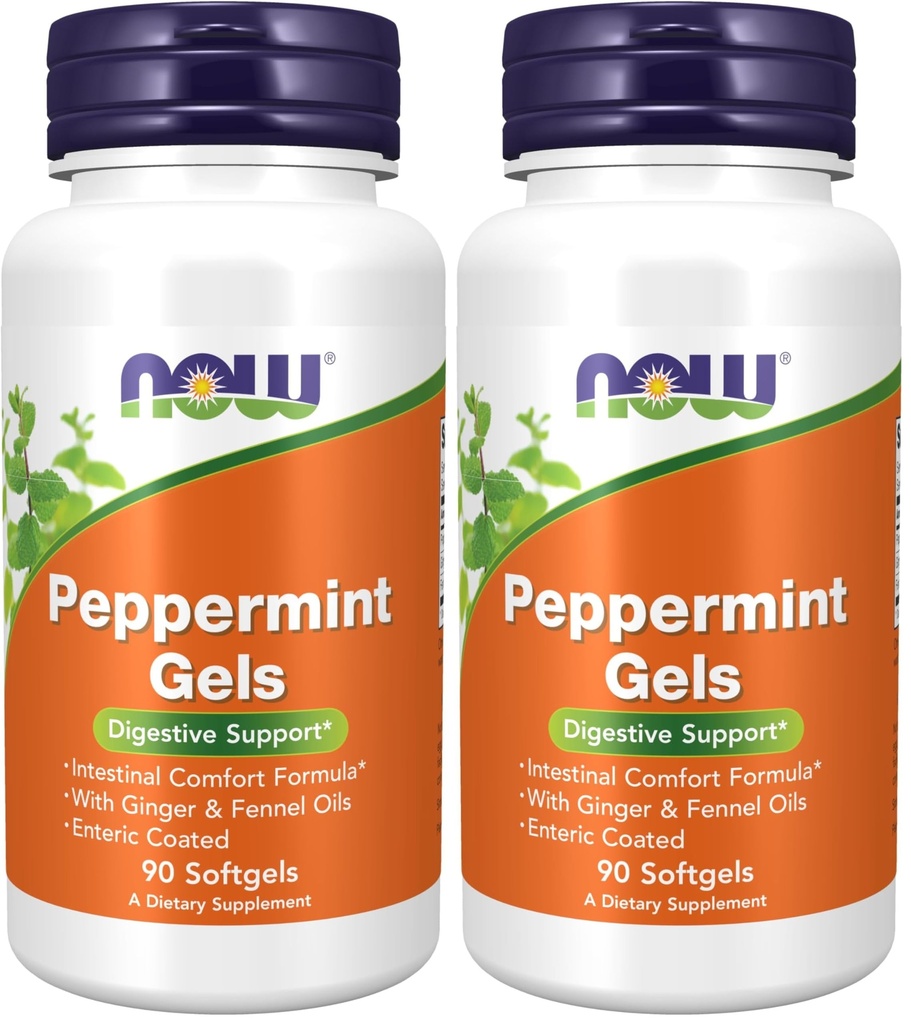 NOW Foods Supplements, Peppermint Gels with Ginger & Fennel Oils, Enteric Coated, Digestive Support*, 90 Softgels, (Pack of 2)