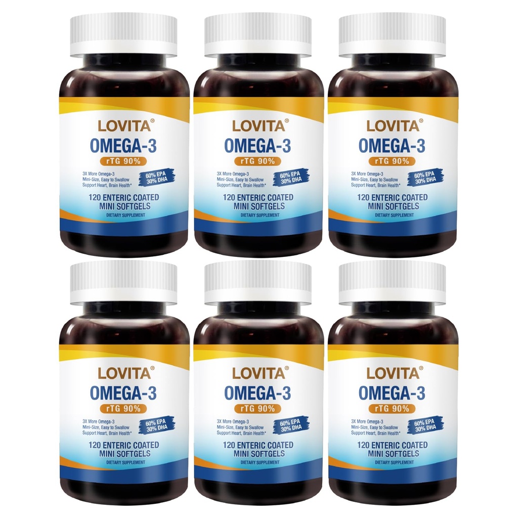 LOVITA 6-Pack Omega-3 Fish Oil Bundle - 720 Mini Softgels, 2000mg rTG High Absorption, Burpless Enteric-Coated (6 Month Supply)
