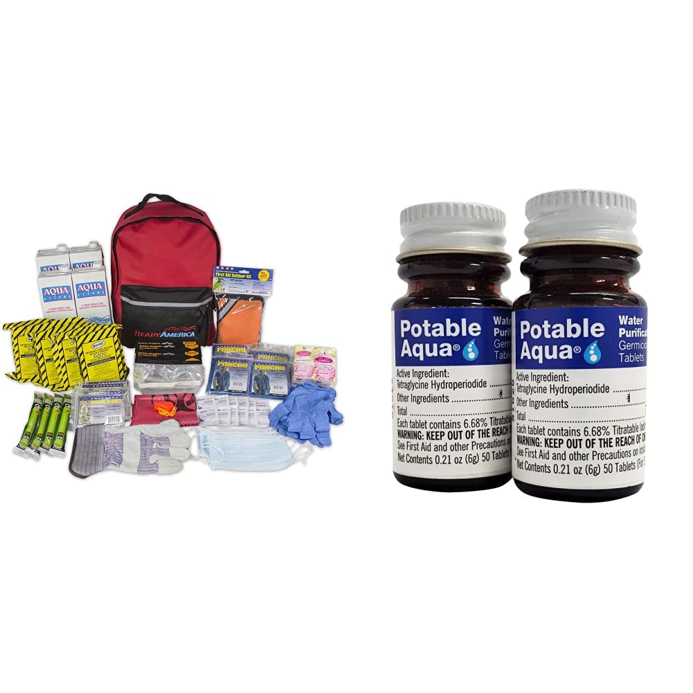 Ready America 72 Hour 4 Person Emergency Kit + Potable Aqua Water Purification Tablets