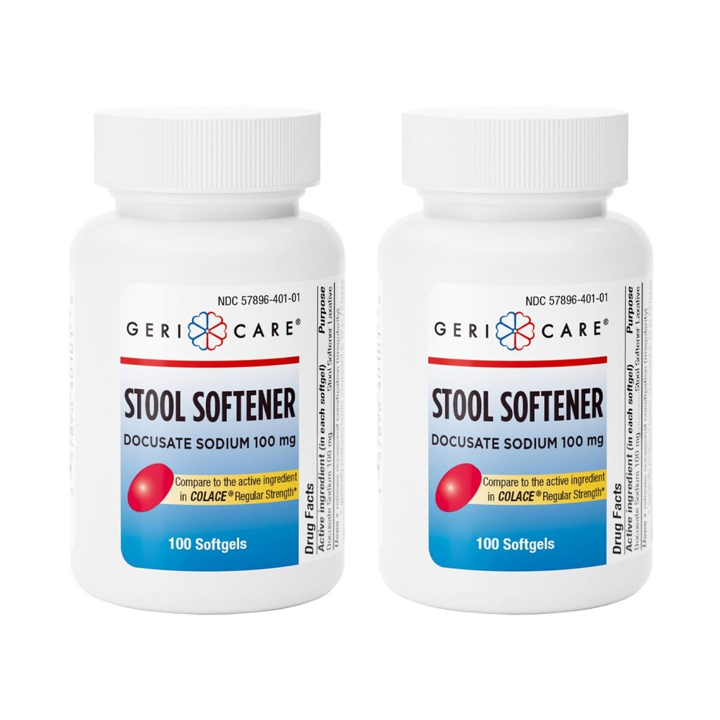 GeriCare Docusate Sodium Stool Softener - 100mg Gentle Stimulant Laxative Softgels for Men & Women- Constipation Relief - Adults Daily Bowel Movement Laxative (Pack of 2)