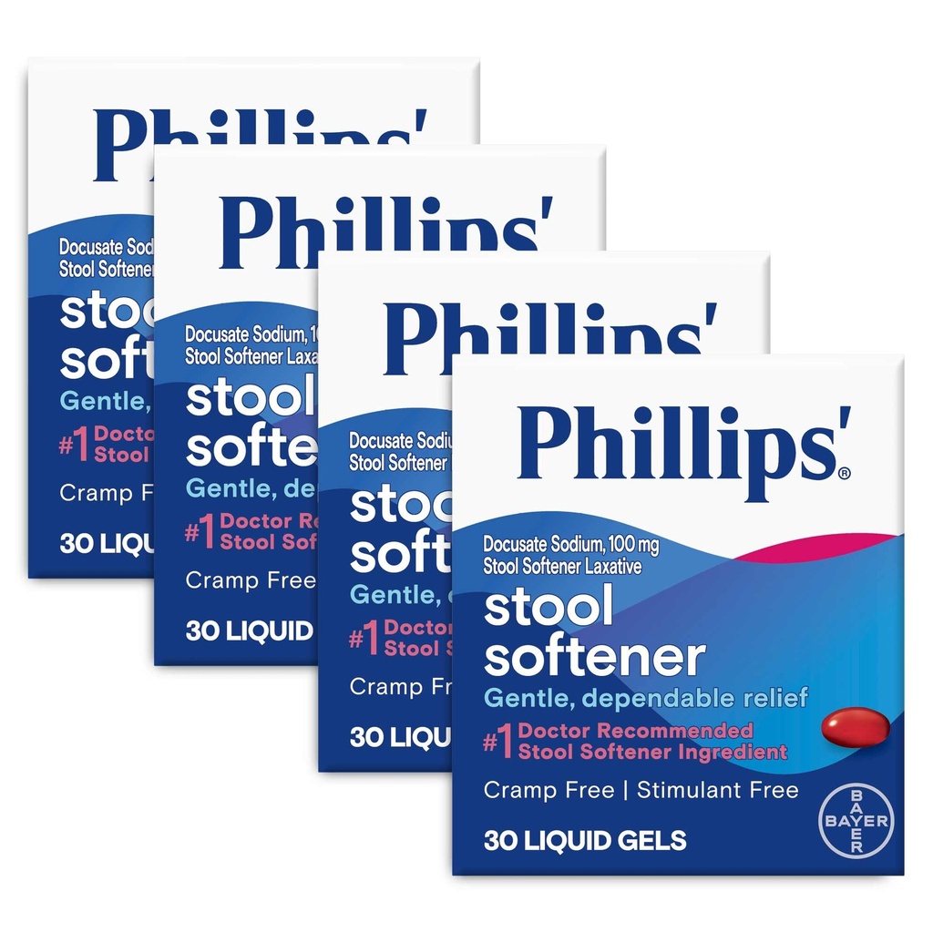 Phillips’ Stool Softener Liquid Gels, Gentle, Dependable Relief with Docusate Sodium, Cramp and Stimulant Free, Easy to Swallow Format, #1 Doctor Recommended Stool Softener Ingredient, 120ct (30ctx4)