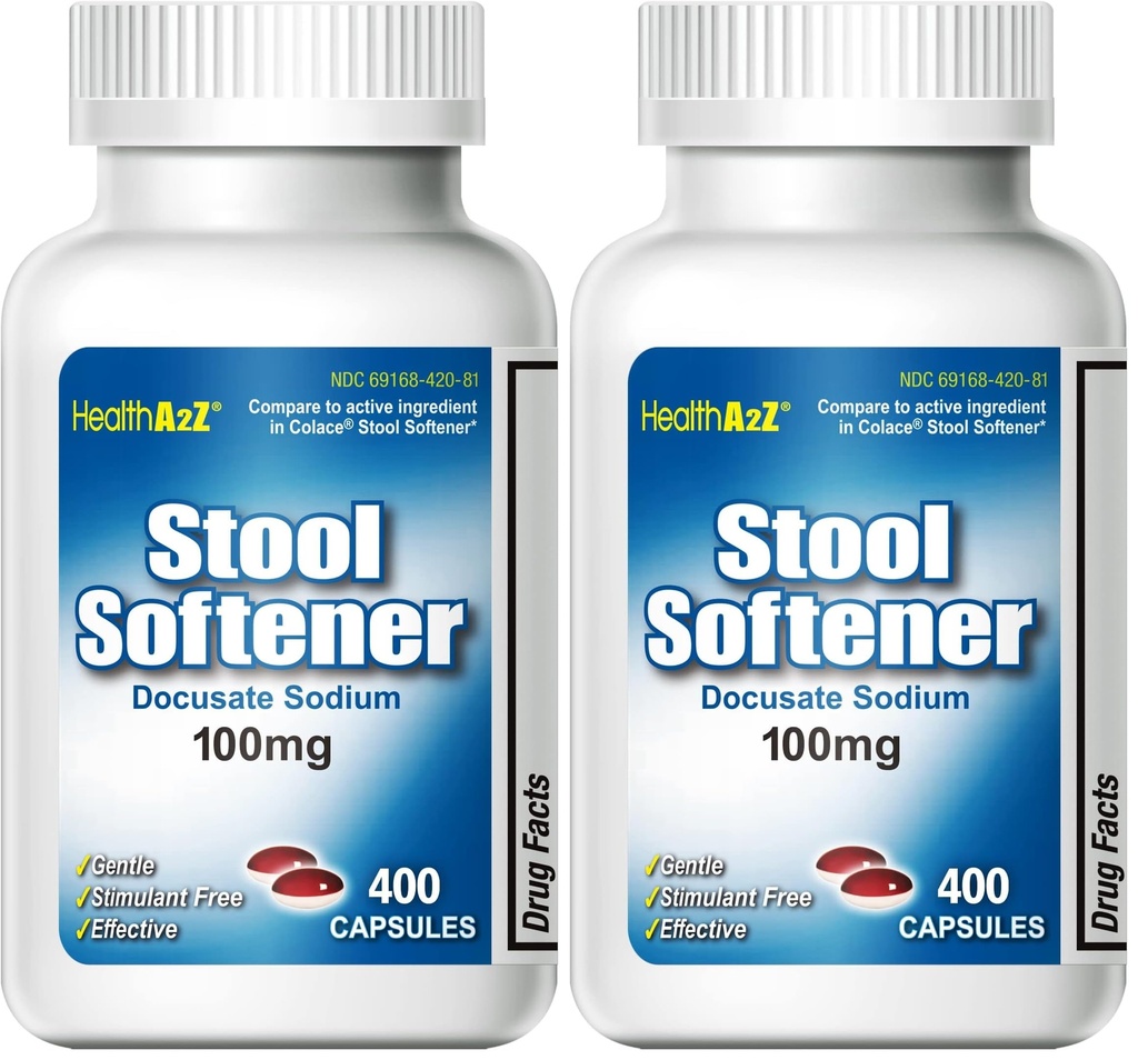 HealthA2Z® Stool Softener | Docusate Sodium 100mg | Red & White Capsules | Dependable | Gentle Constipation Relief (400 Counts) (Pack of 2)