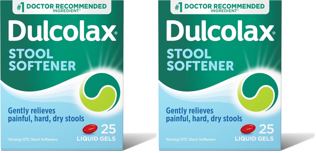 Dulcolax Stool Softener Laxative Liquid Gel Capsules (25ct) for Gentle Relief, Docusate Sodium 100mg (Pack of 2)