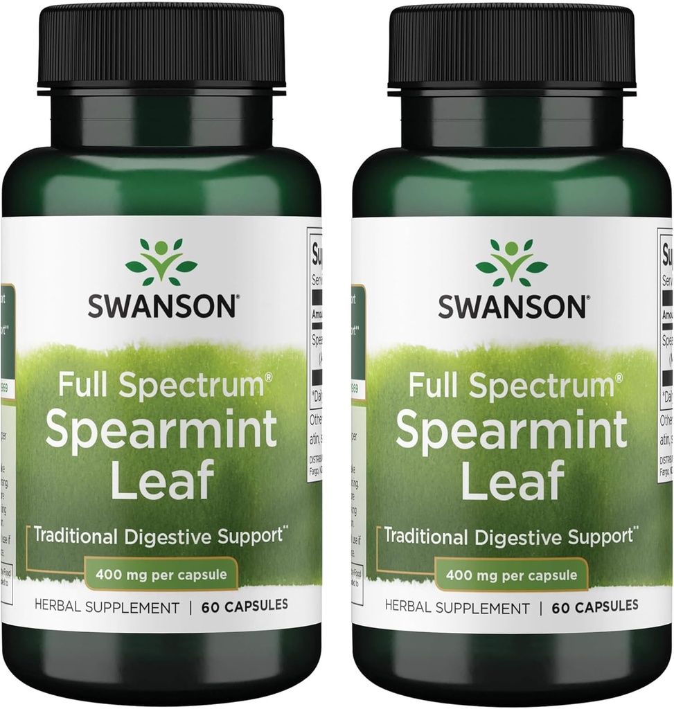 Swanson Spearmint Leaf (Mentha Spicata)-Full Spectrum Supplement Herbal Supporting Digestive Health & Mild Stomach Issues - (60 capsule, 400 mg ogni) (2 pacchetto)