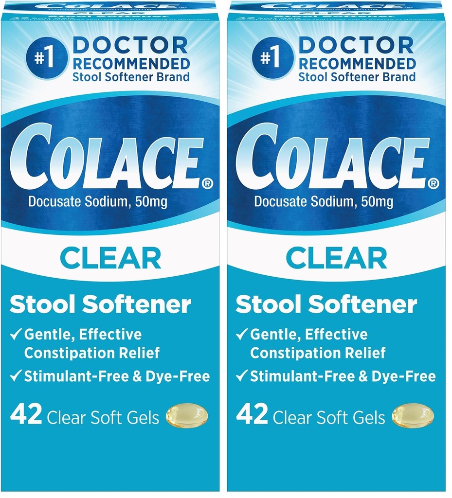 Colace Clear Stool Softener Soft Gel Capsules Constipation Relief 50mg Docusate Sodium Doctor Recommended 42ct (Pack of 2)