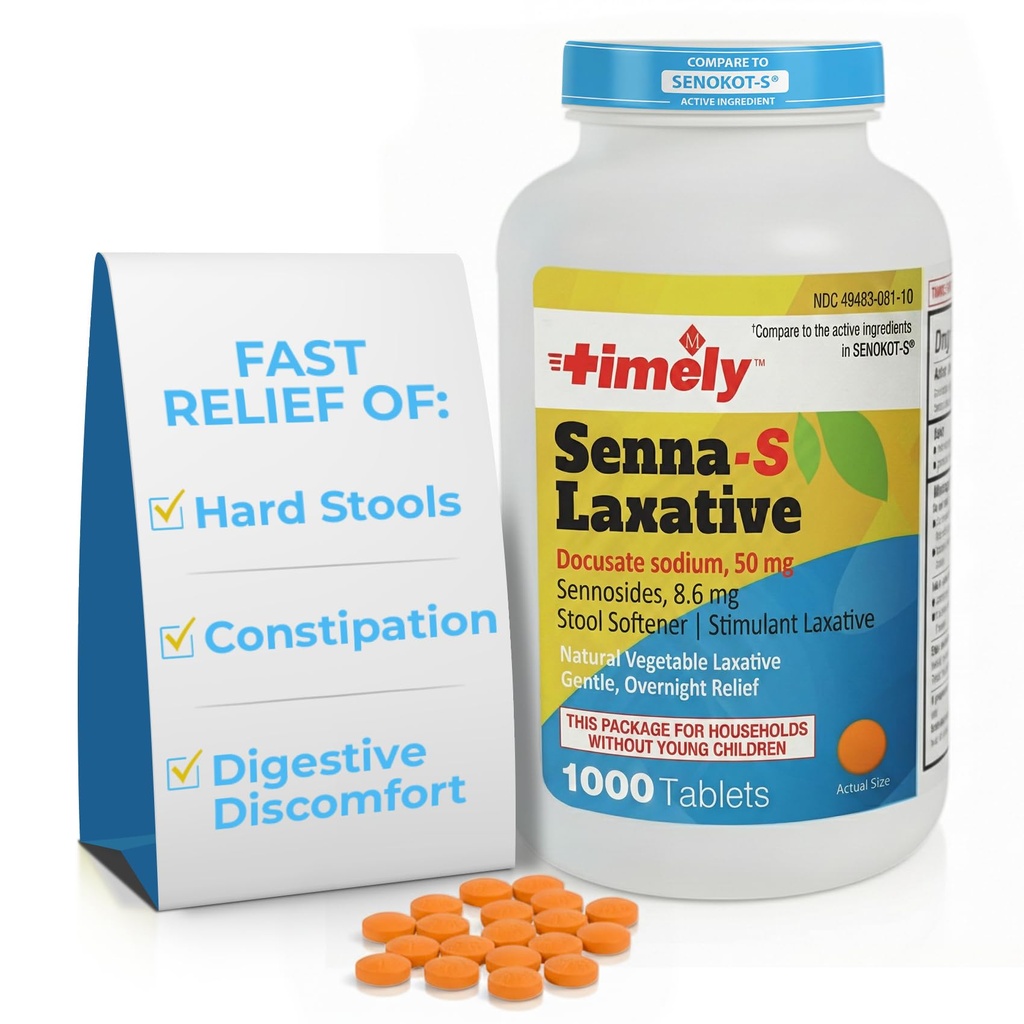 Timely Senna S Laxative - 1000 Count Tablets - Compared to the Active Ingredients in Senokot-S - Natural Vegetable Based Laxatives for Constipation Relief, Gentle Overnight Relief and Stool Softener
