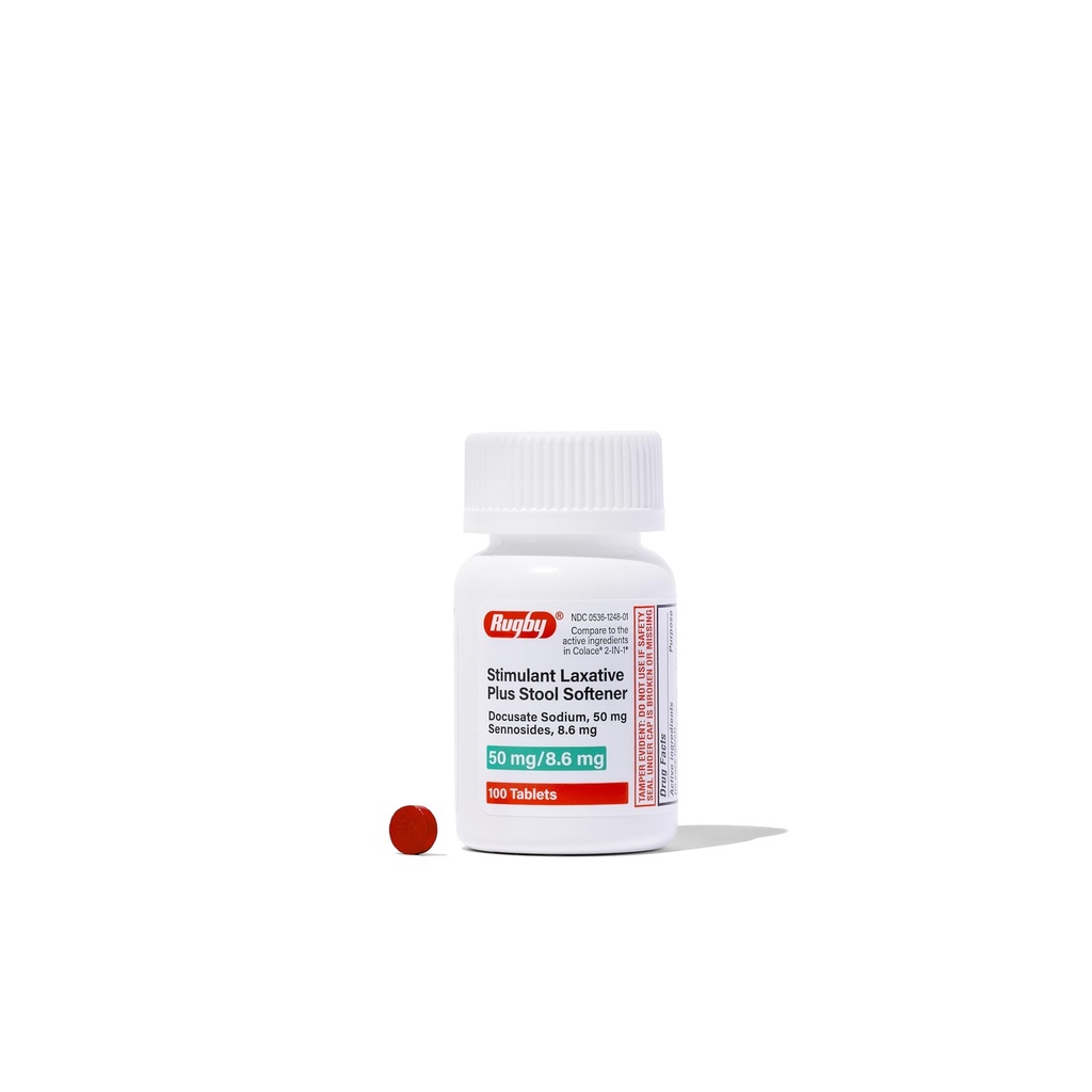 Rugby Stimulant Laxative Plus Stool Softener Docusate Sodium 50 mg/Sennosides 8.6 mg - Laxative Tablets for Constipation Relief - Stool Softeners for Women, Men, and Kids - 100 Tablets