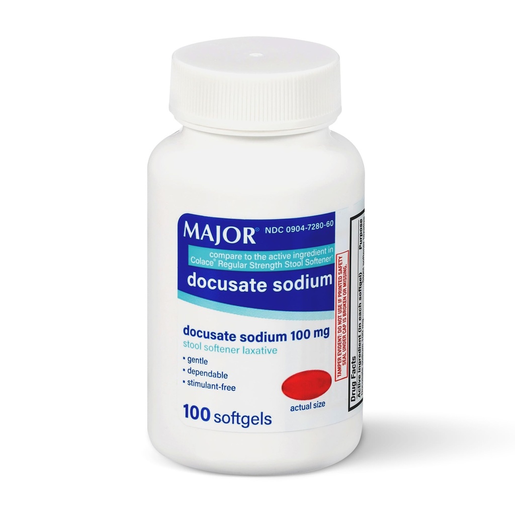 MAJOR Docusate Sodium 100mg Softgels, Stool Softener Laxative for Occasional Constipation Relief - Gentle, Dependable, Stimulant-Free, 100 Count (1-Pack)