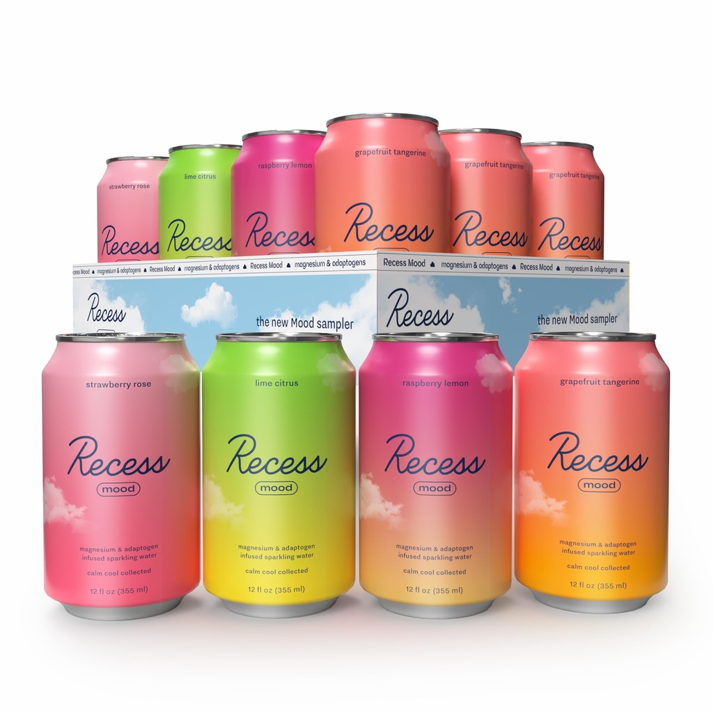 Recess Mood Magnesium & Adaptogen Drink, Relaxation Beverage, 12 ounce (Variety Pack, 12 pack)