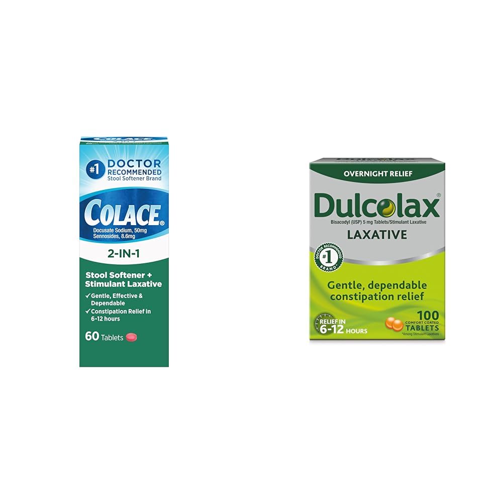 Colace 2-in-1 Stool Softener Plus Stimulant Laxative for Gentle Effective Constipation Relief & Dulcolax Stimulant Laxative Tablets (100 Count) Gentle Overnight Constipation Relief