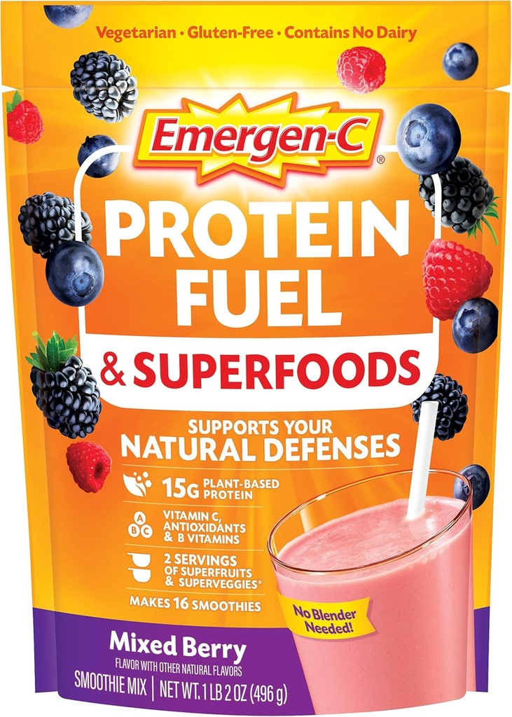 Emergen-C Protein pulver brensel og supermat (16 serveringer, blandede berry flavor) Plantebasert og vegetarisk risteblanding med organiske supermatvarer, vitamin C og andre antioksidanter