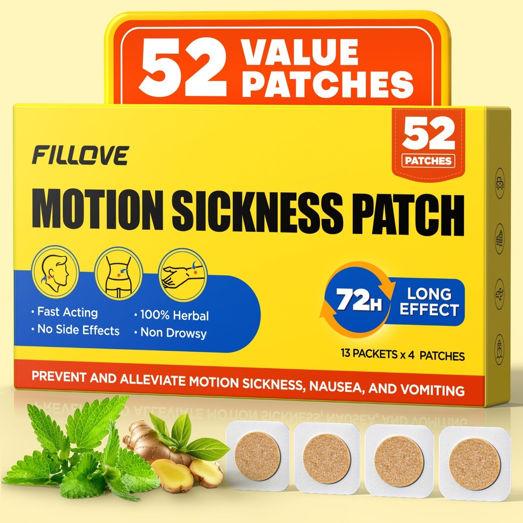 FILLOVE 52ct Motion Sickness Patches Non-Drowsy, 72H Lasting Sea Sickness Patches Cruise Essentials 2026, 100% Natural Motion Sickness Patch Travel Essentials for Car Airplane Ship Altitude Sickness