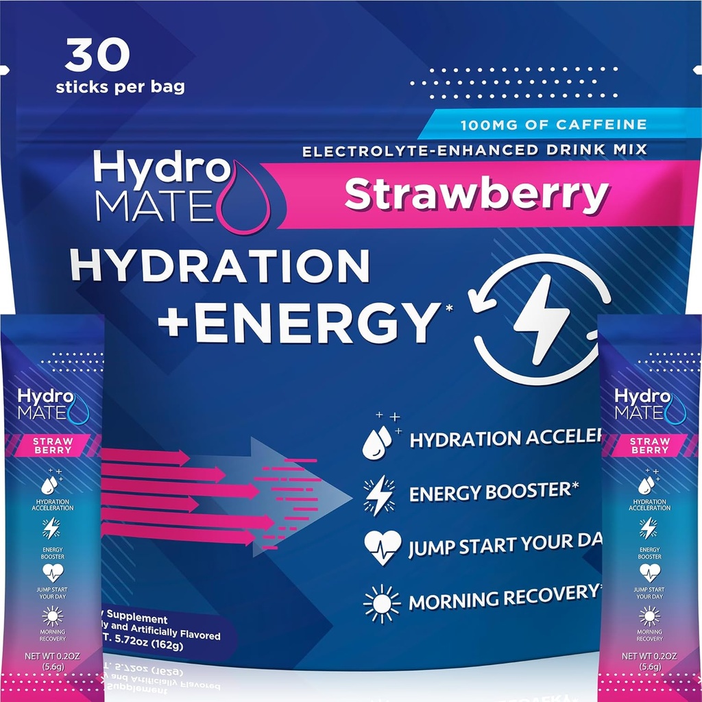 HydroMATE Elektrolyten Poeder Drink Mix Packets Hydration Accelerator Lage suiker Snelle Party Relief Recovery Vitamine C Plus Cafeïne Aardbei 30 Tel.