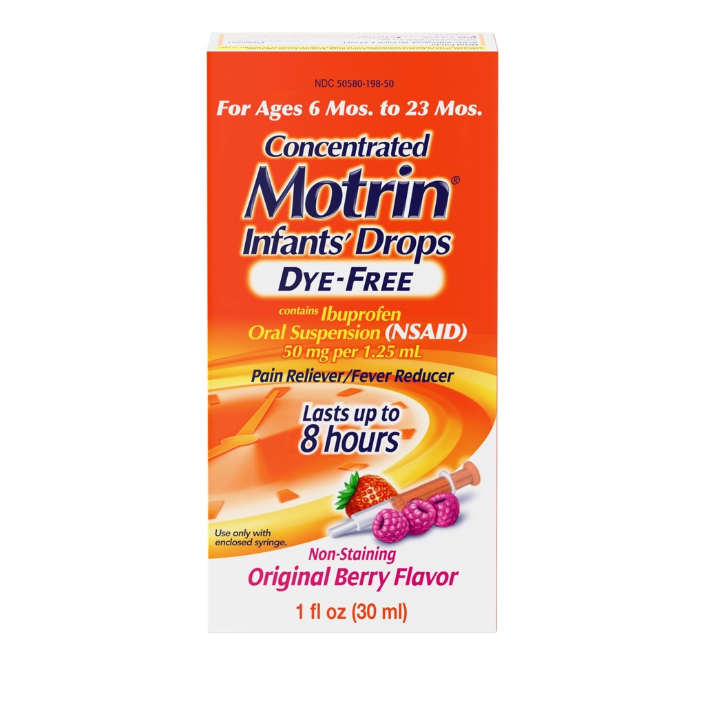 Infants’ Motrin Infant Ibuprofen Oral Suspension Concentrated Drops, NSAID Fever Reducer & Pain Reliever for Babies, Dye Free, Alcohol-Free, Berry Flavor, Includes Enclosed Syringe, 1 fl. oz
