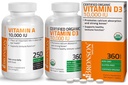 Bronson High Potency Vitamin D3 10,000 IU Certified Organic Vitamin D Supplement + Vitamin A 10,000 IU Premium Non-GMO Formula
