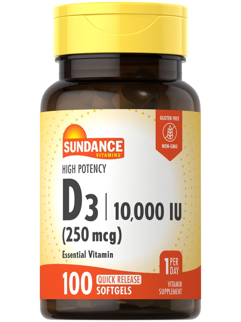 Sundance Vitamin D3 10,000 IU (250 mcg) | 100 Softgels | High Potency Formula | Non-GMO and Gluten Free Supplement
