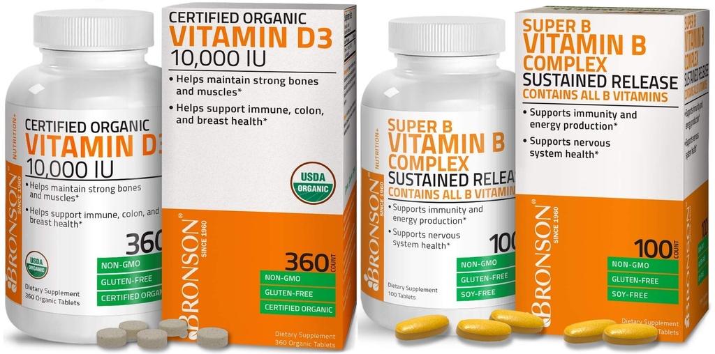 Bronson Super B Vitamin B Complex Sustained Slow Release Contains All B Vitamins + High Potency Vitamin D3 10,000 IU Certified Organic Vitamin D Supplement