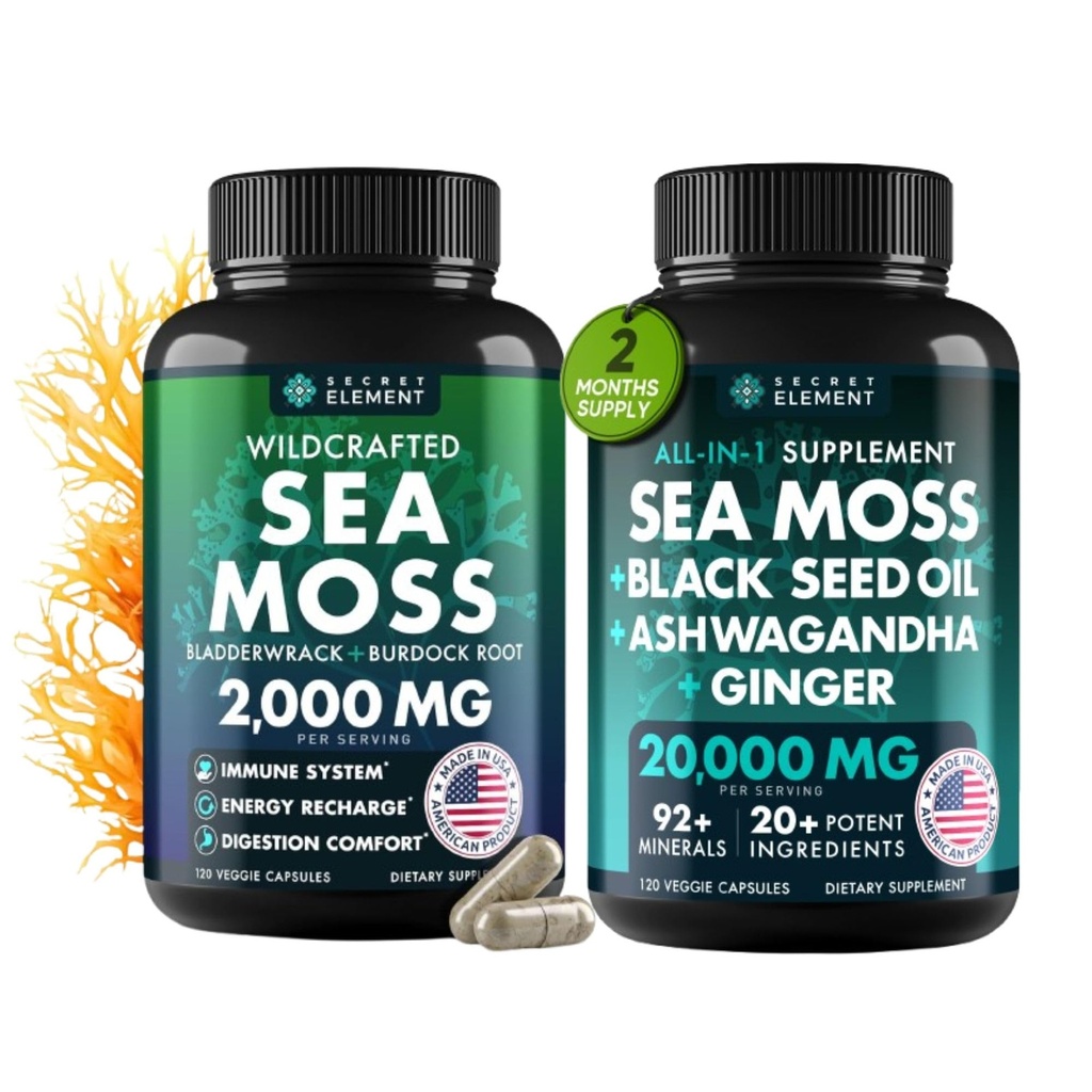 Sea Moss Bundle, Wildcrafted Irish Sea Moss Capsules with Burdock Root, Bladderwrack, Muira Puama + Seamoss Black Seed Oil, Ashwagandha & Ginger, 240 Vegan Capsules