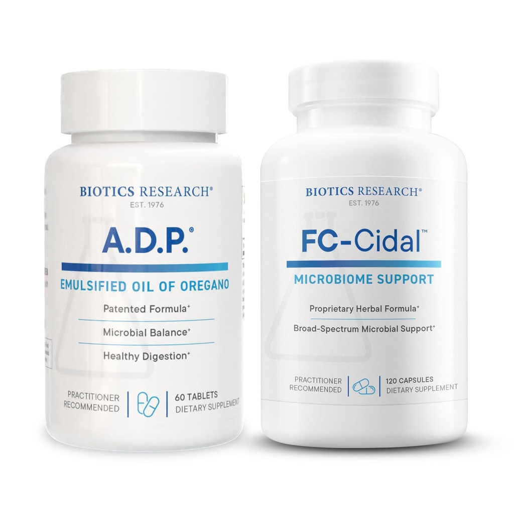 Biotics Research A.D.P. Oil of Oregano for GI Cleansing & Antioxidant Support + FC-Cidal Herbal Blend for Gut Lining, Microbial Balance & Immune Health – 60 tabs & 120 caps