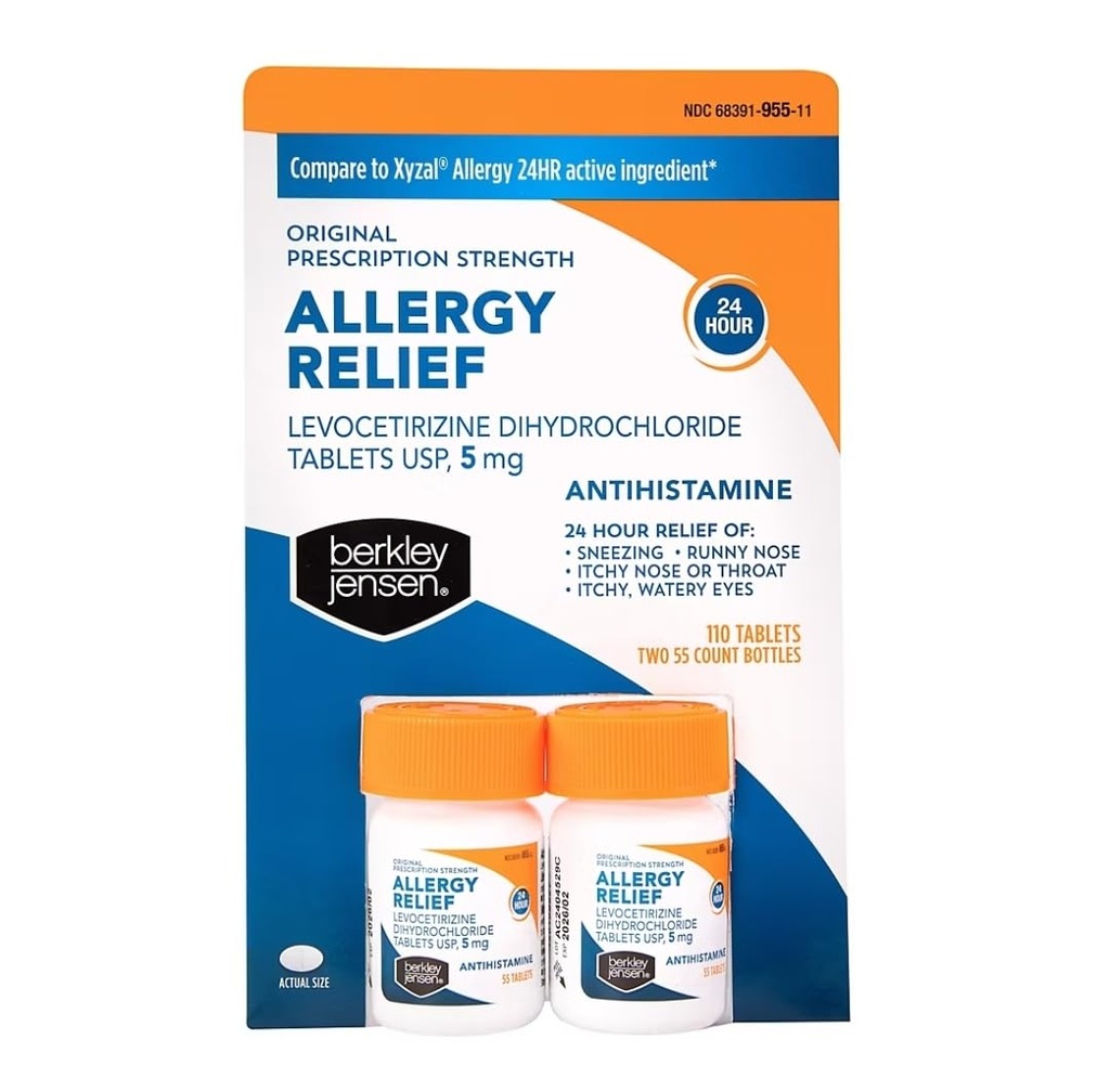 Berkley Jensen 24 Hour Allergy Relief, Levocetirizine Dihydrochloride Tablets USP, 5 mg, Antihistamine, Relieves Sneezing, Runny Nose, Itchy Nose or Throat and Itchy, Watery Eyes, 55 Count (Pack of 2)
