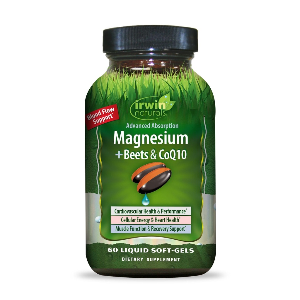 Irwin Naturals Magnesium + Beets & CoQ10, Heart and Energy Support with Beet Root, Grapeseed, and Omega-3 Flaxseed Oil, 60 Liquid Softgels