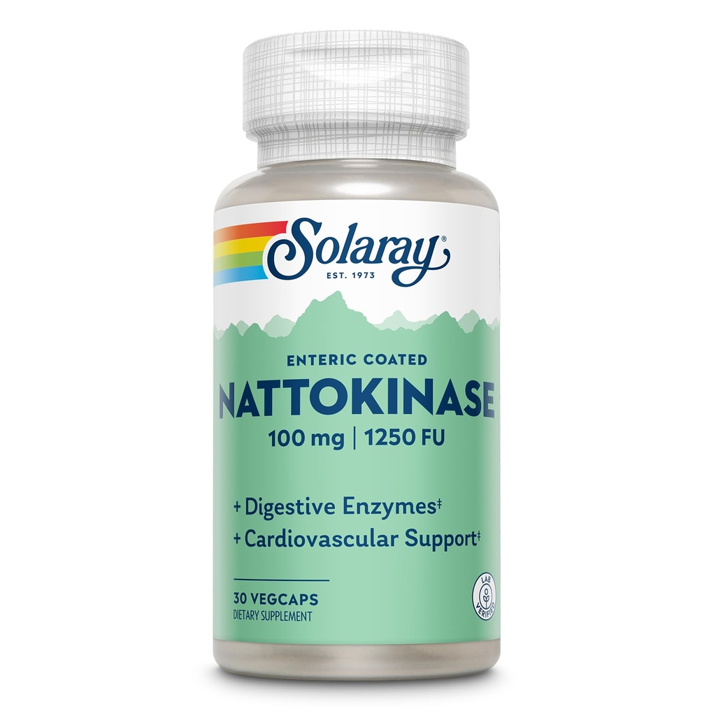 SOLARAY Nattokinase Supplement 1250 FU for Men & Women - Digestive Natto Enzymes, Heart Health & Circulation Support, Nattokinase Capsules 100 mg, Enteric Coated - 30 Veg Caps