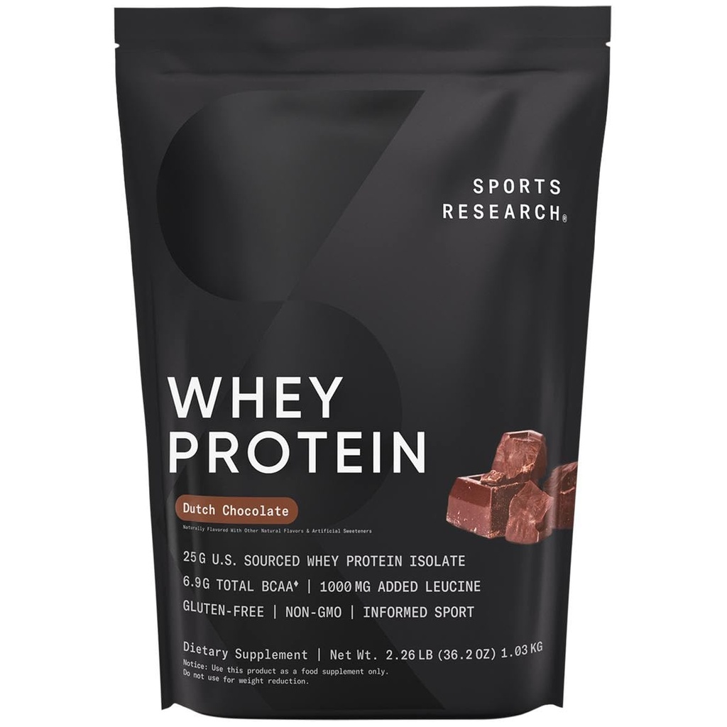 Sports Research Whey Protein Isolate - Sports Nutrition Protein Powder 25g per Serving - 2.27lb Bag Whey Protein - Dutch Chocolate Bulk Protein Powder, 25 Servings
