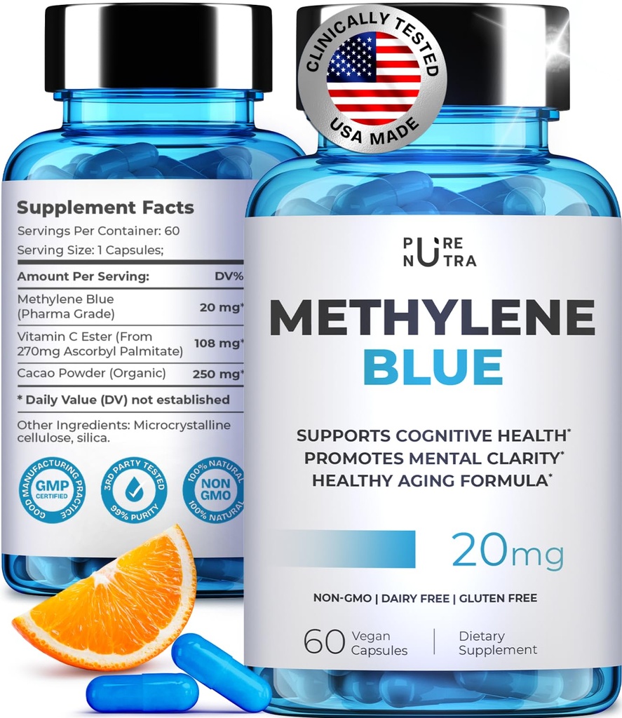 Ultimate Methylene Blue Pharmaceutical Grade 20mg (USP) Methylene Blue Capsules for Humans | Memory Supplement and Brain Booster Supplement | Focus Fuel and Memory Vitamins Energy Pills | 60 Servings