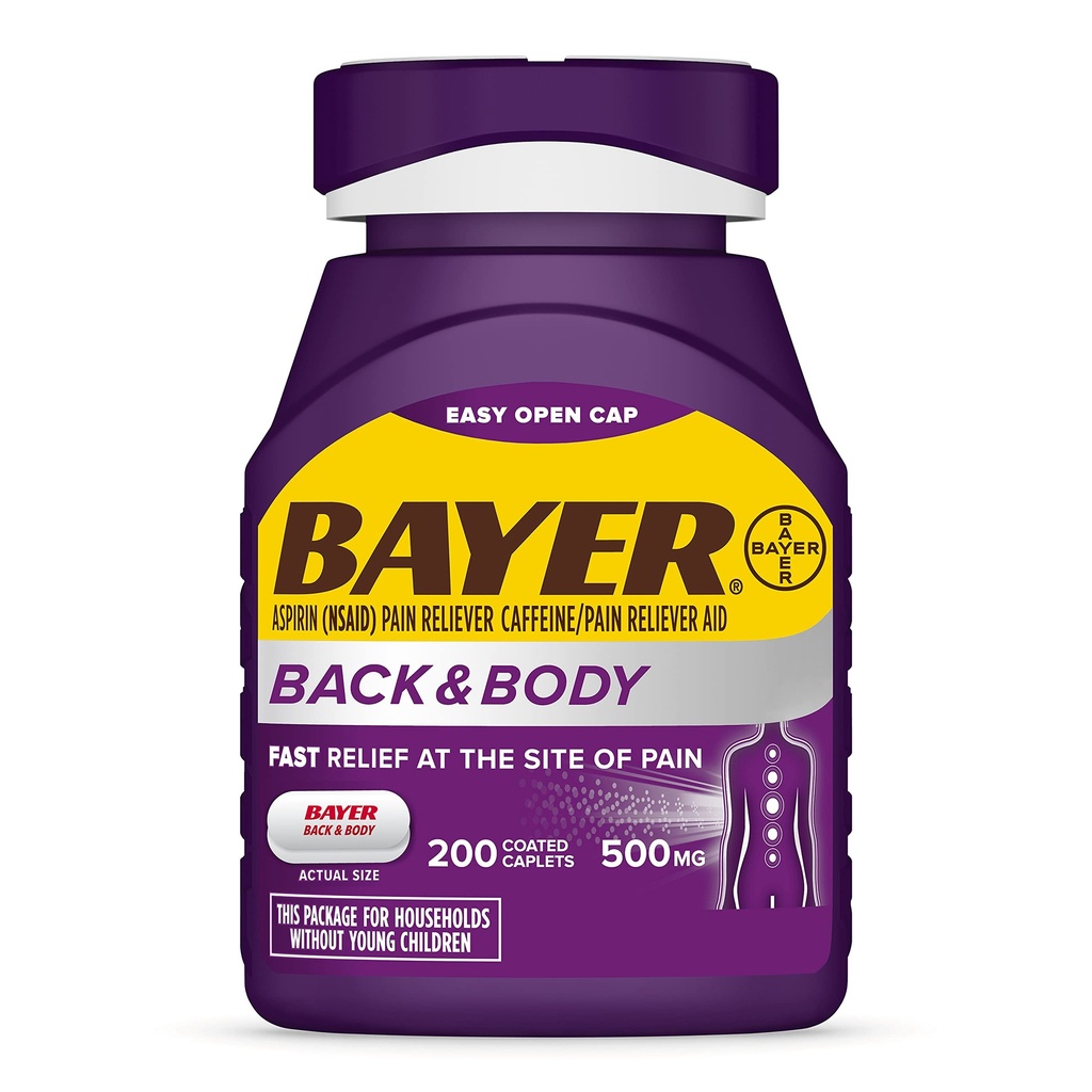 Bayer Back & Body 500mg Aspirin Plus Caffeine for Powerful Pain Relief, 200 Coated Caplets