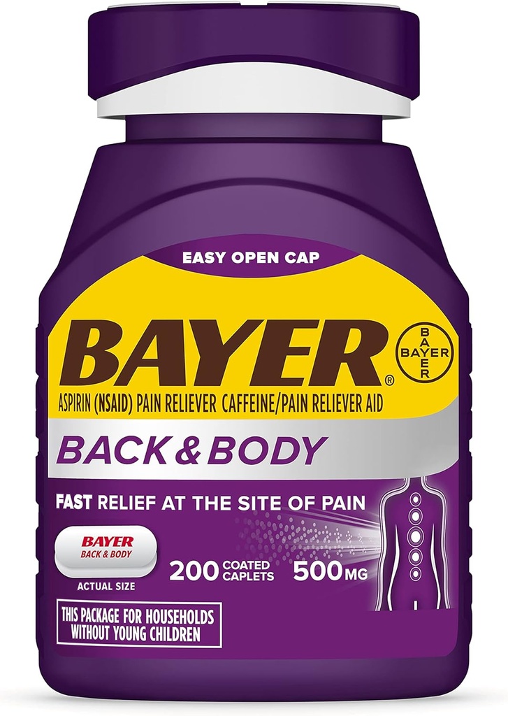 Bayer Extra Strength 500mg Aspirin Plus Koffein für leistungsfähige Schmerzlinderung, 200 beschichtete Caplets
