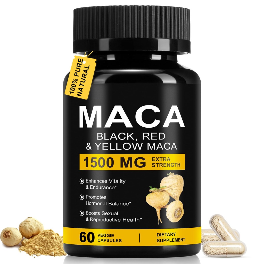Daiasns Organic Maca Root Powder Capsules 1500 mg with Black + Red + Yellow Peruvian Maca Root Extract Supplement for Men and Women - 60 Vegan Capsules