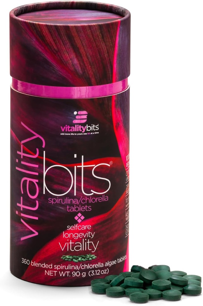 VITALITYbits - Organic Blended Spirulina & Chlorella tabletter - Algae Superfood - Energi, Självomsorg, Skönhet - Byt ut gröna, kosttillskott, protein, snacks - Vegan, Keto, Gluten Free - 360 tabletter