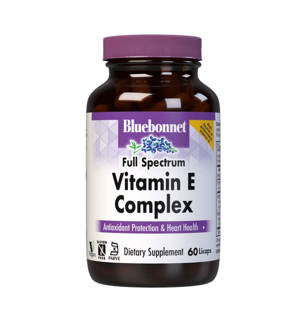BlueBonnet Full Spectrum Vitamin E Complex 200 IU - Antioxidants Supplement for Immune & Skin Health* with D-Alpha Tocopherols & D-Gamma Tocotrienols - Gluten-Free, Vegan - 60 Softgels
