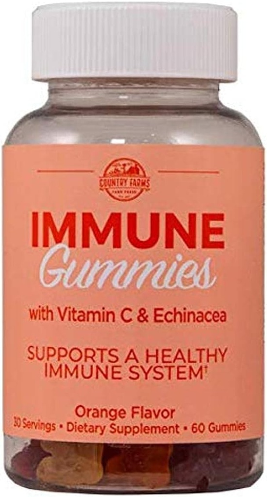 Country Farms Imūnās Gumijas ar vitamīnu C & Echinacea, Atbalsta Veselīga Imūnsistēma, Bagāts ar antioksidantiem, Delicious Orange Flavor, 60 Count, 30 Servē