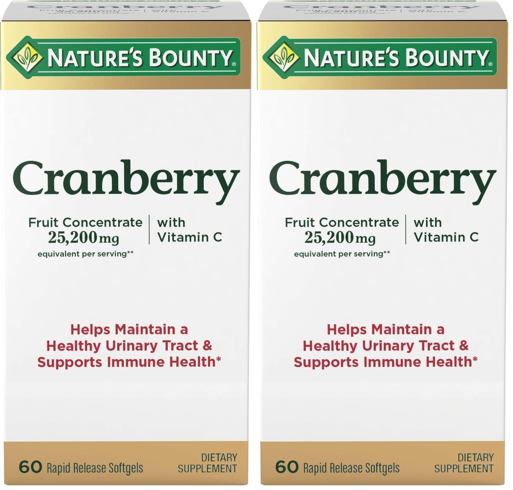 Nature's Bounty Cranberry Dietary Supplement, Supports Urinary Tract and Immune Health, Softgels, 25,200 Mg, 60 Ct (Pack of 2)