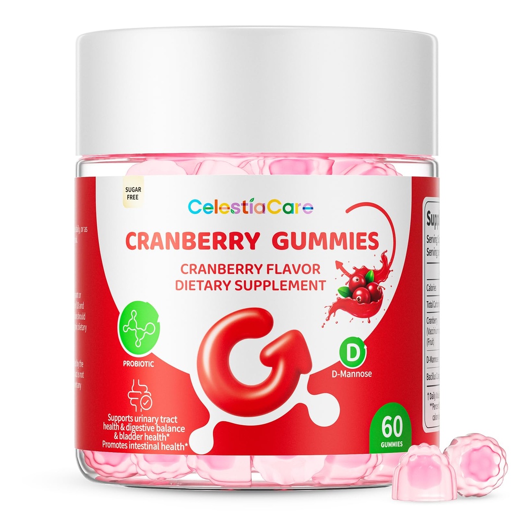 Cranberry Gummies with Probiotics & D-Mannose for Women & Men – Bladder & Urinary Tract Health, Digestive & Immune Support, Sugar Free, Vegan, Non-GMO, 60 Count