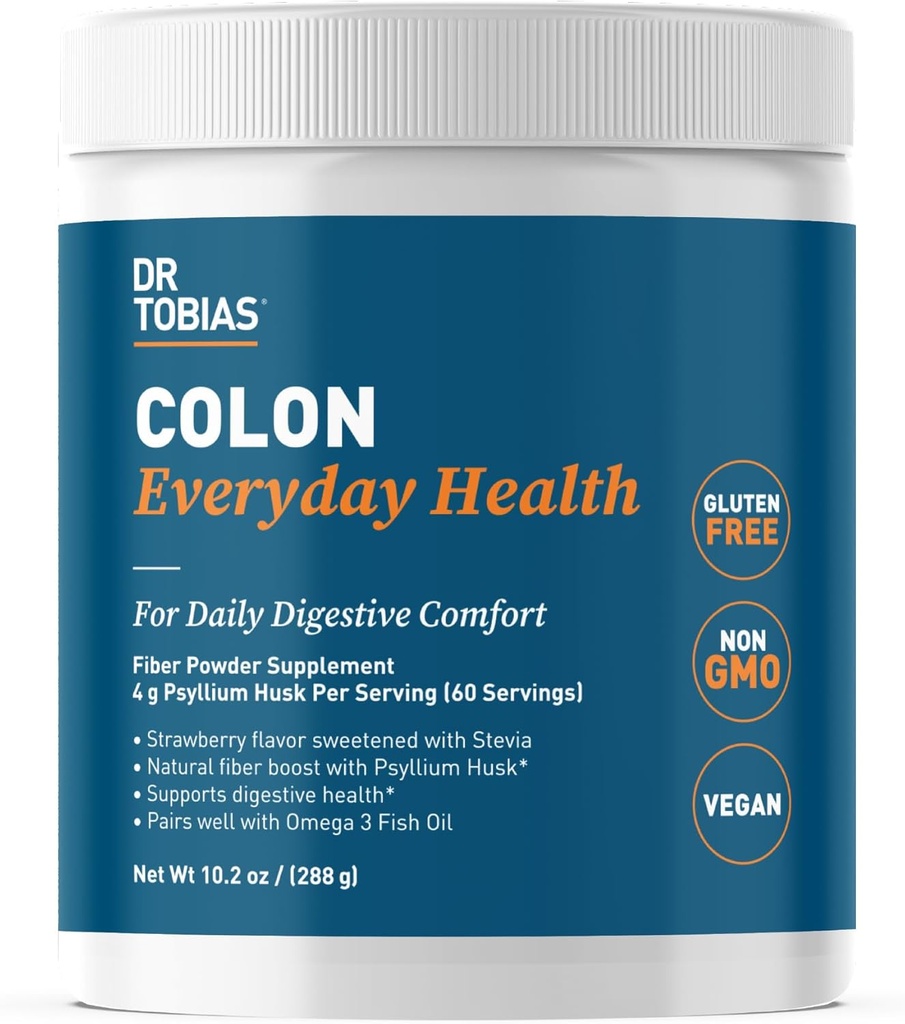 Dr. Tobias Colon Todos os dias Saúde - Gut Health for Women & Men - Psyllium Fiber Powder Drink with 4g Psyllium Husk Powder per Serving, Vegan, Gluten Free, Non-GMO, Strawberry Flavor, 60 Servings