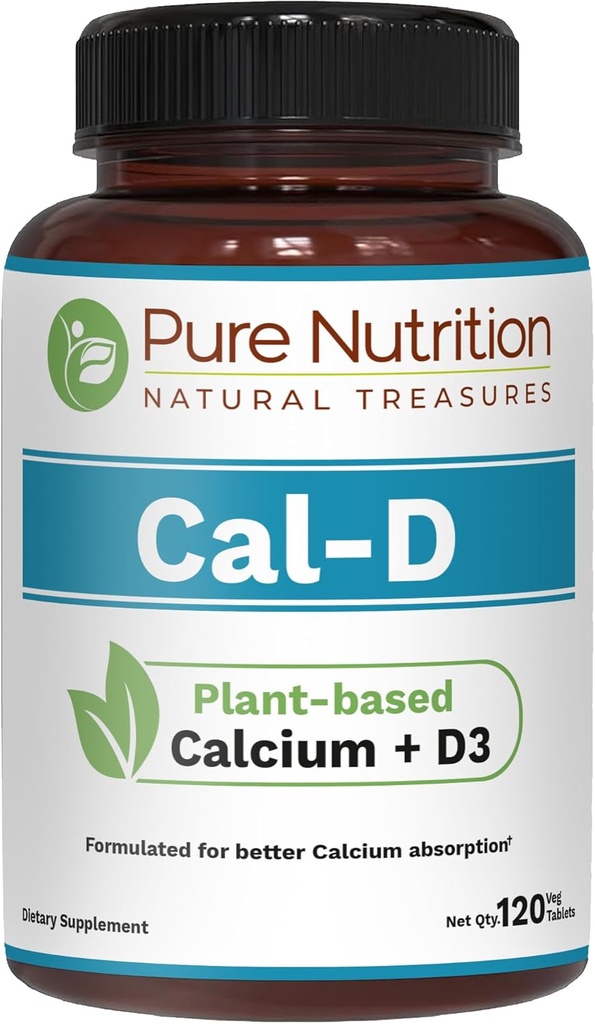 Pure Nutrition Cal D - Plant Based Calcium with VIT D3 K2 & Magnesium | 120 Tabs | 500mg Vegan Calcium per Serve | Algae Calcium Supplement for Bone Health