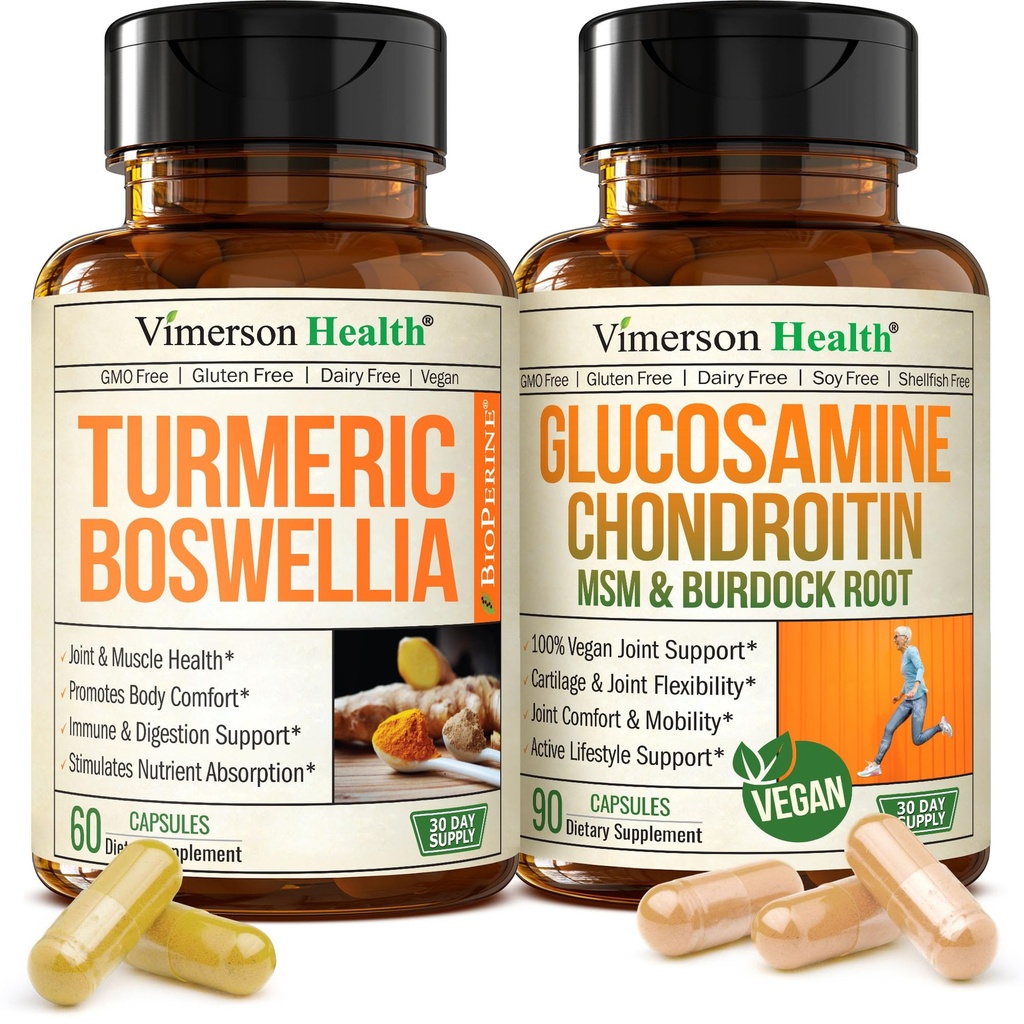 Joint Support Bundle – 2-Pack Organic Turmeric Supplement with 95% Curcuminoids + 65% Boswellia Extract, Ginger Root & Black Pepper (BioPerine) + Vegan Glucosamine Chondroitin MSM – 60 + 90 Capsules