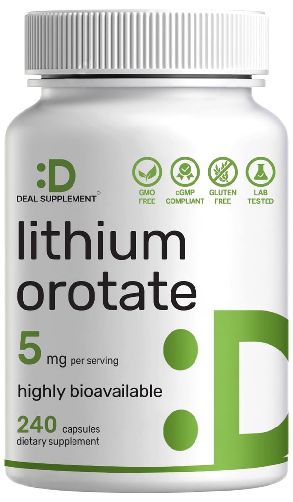 Lithium Orotate 5mg, 240 Capsules – Highly Bioavailable & Stable Lithium Supplements – Easily Absorbed Mineral Salt in Gentle Form – Low Dose, Non-GMO, Gluten Free