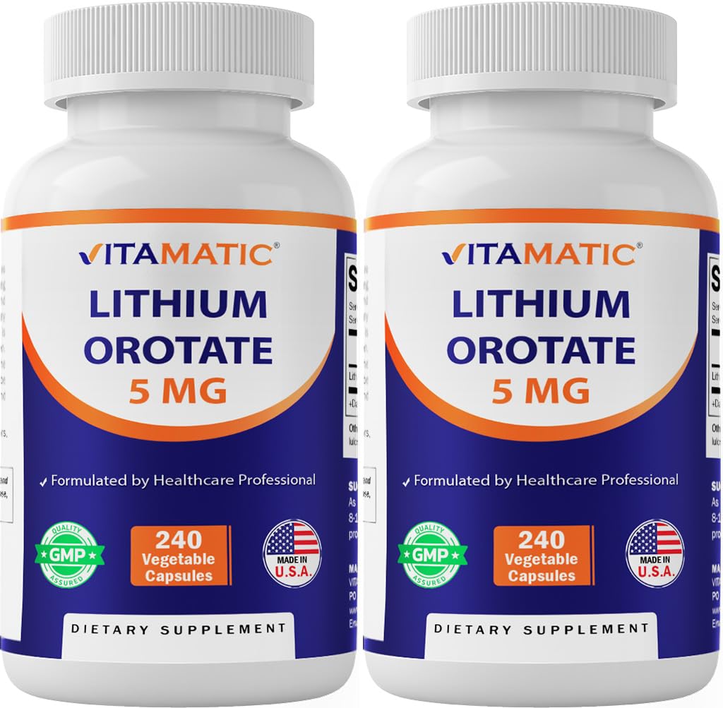 Vitamatic Lithium Orotate 5mg, 240 Veggie Capsules, Non-GMO, Gluten Free. - 2 Pack