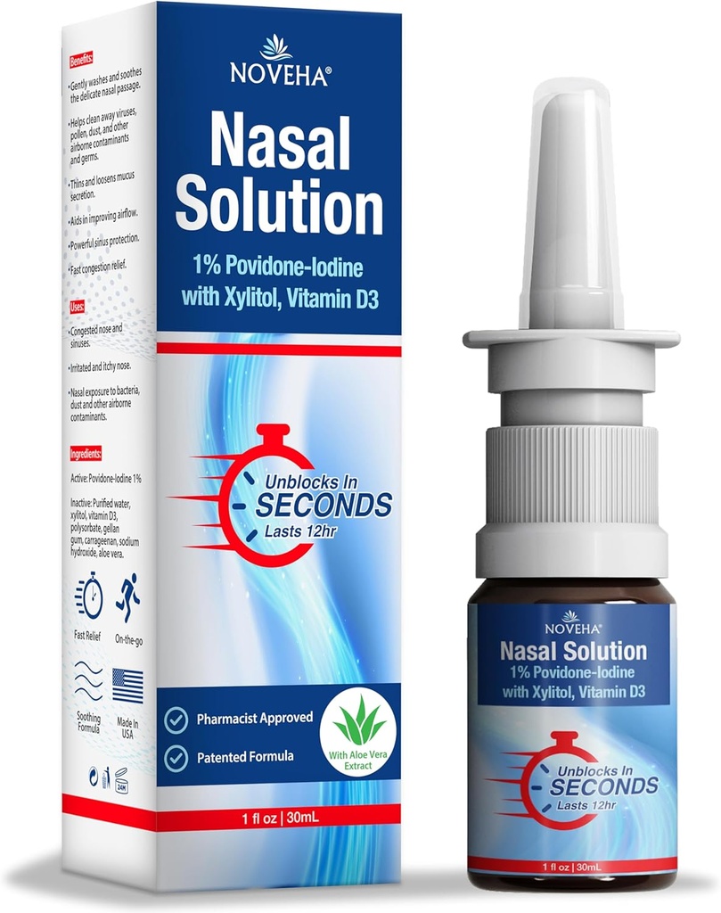 NOVEHA spray nasale- 1% spray Povidone-Iodine, vitamina D3, Aloe-Vera - Detergente nasale (30mL)