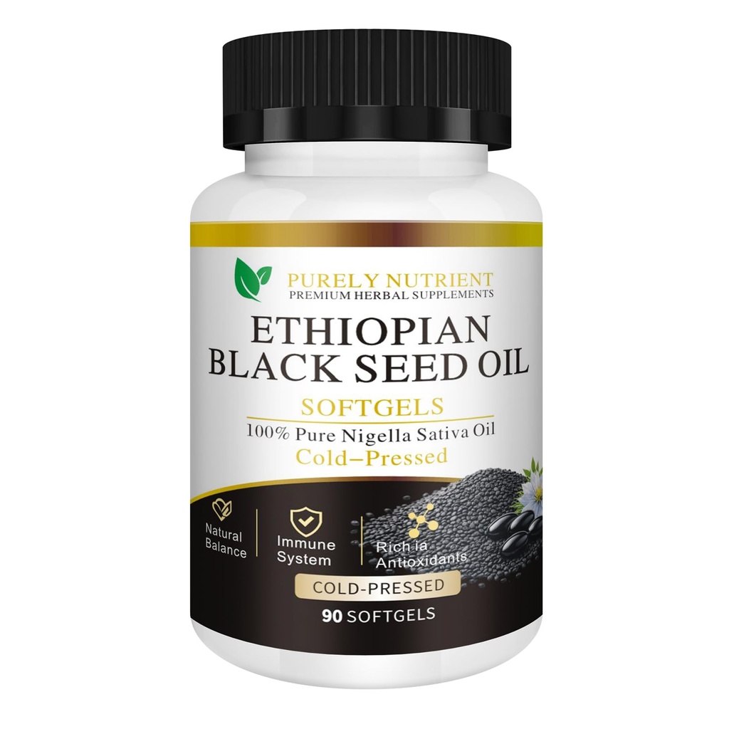 Purely Nutrient Ethiopian Black Seed Oil ，5% Thymoquinone， Vegan Non-GMO Nigella Sativa, 90 Softgels.