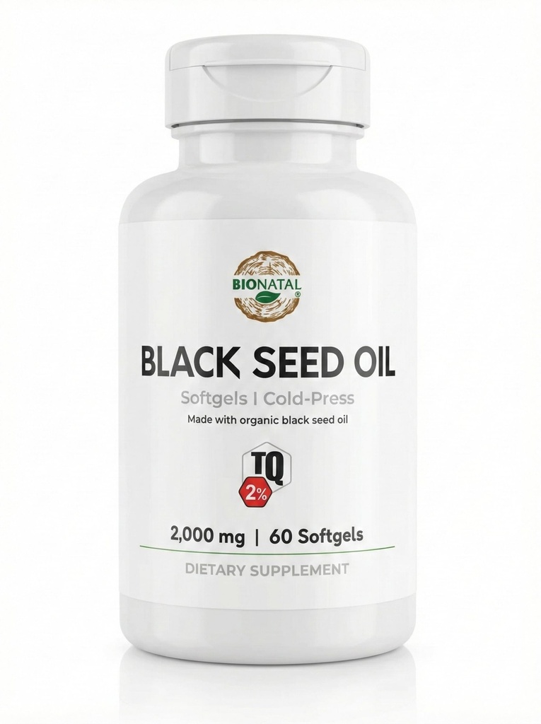 BioNatal Black Seed Oil Sofgels | 2% Thymoquinone (TQ) -Organic Nigella Sativa Softgels 2,000mg | Organic Black Cumin Seed Oil - Nigella Sativa | Black Seed Oil | (60 Softgels)