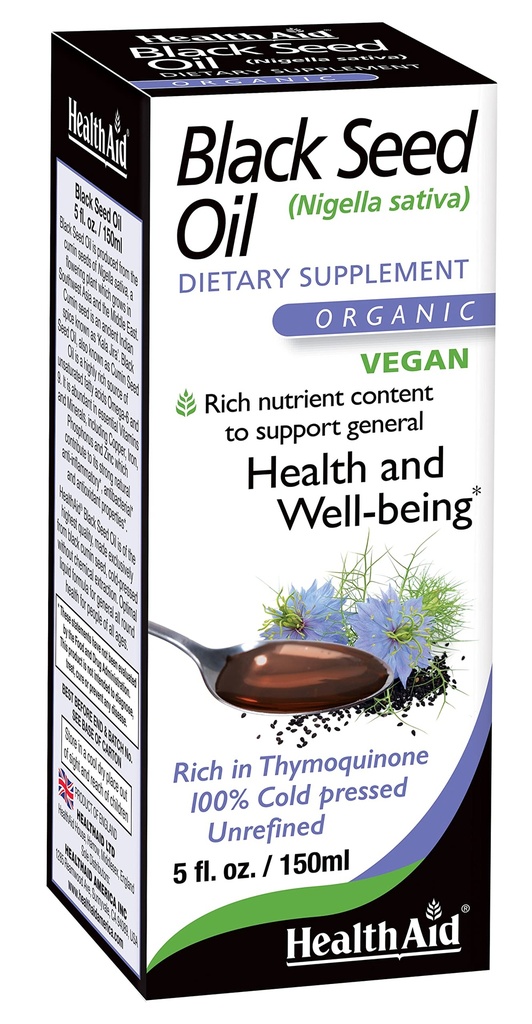 HealthAid Black Seed Oil – Organic, Cold-Pressed Nigella Sativa – Standardized 150 mg Thymoquinone – Supports Immune Function, Antioxidant Activity & Daily Wellness – Vegan, Non-GMO – 5 oz*